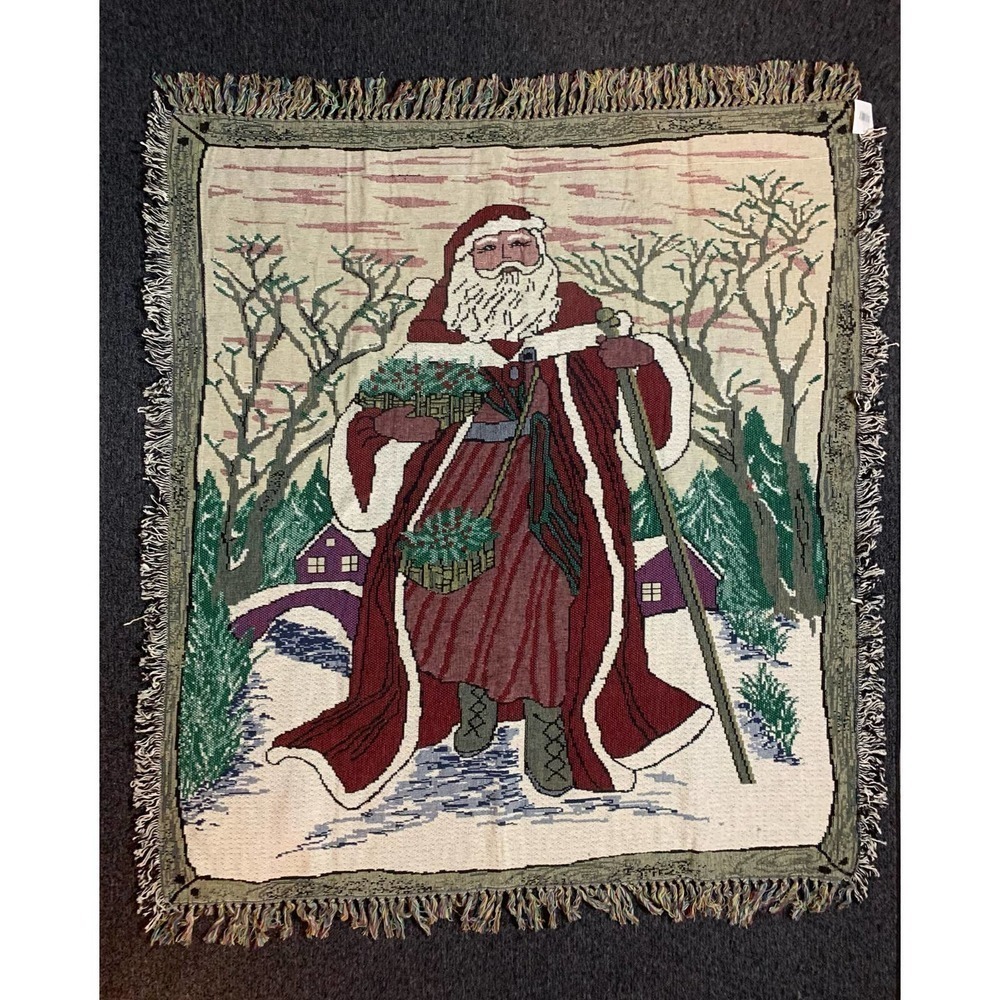 Kris Kringle Santa Claus Christmas Throw Blanket w/ fringe 60" x 50" Fringe New!
